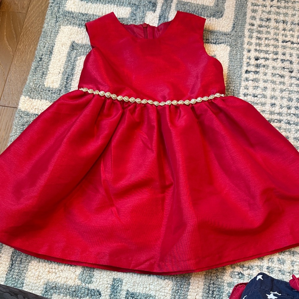 Girls Red Sleeveless Party Dress with Decorative Waistband
